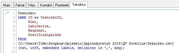 Kuviossa 11 näkyy skripti jonka avulla on ladattu Prioriteetti taulu QlikView-ympäristöön. Qlik- View luo automaattisesti tarvittavan skriptin.