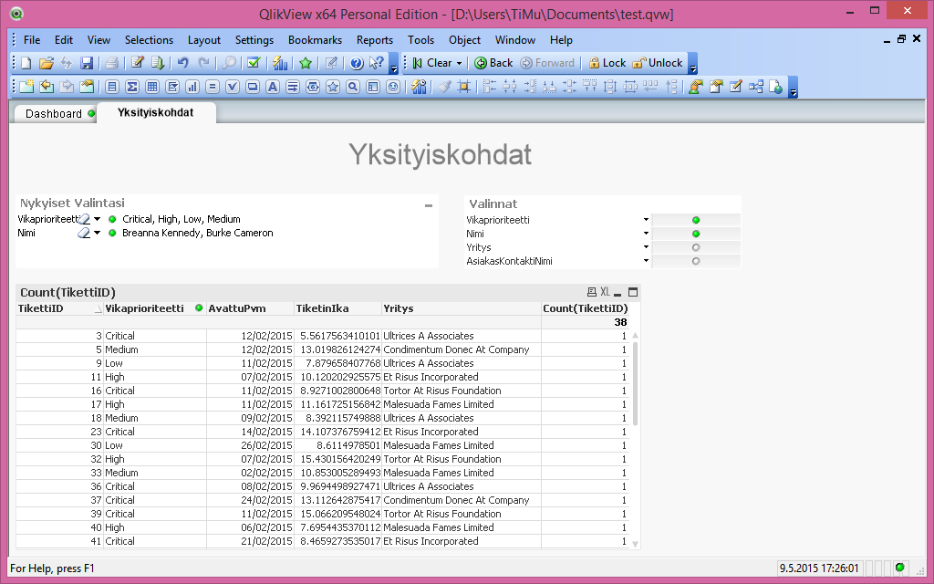 Kuvio 14. QlikView -sovelluksen Dashboad välilehti.