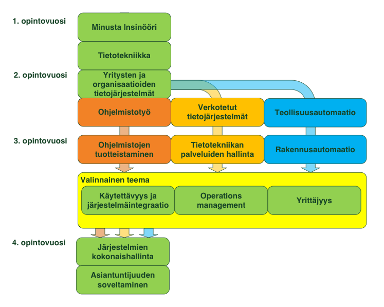 Opintojen polku on esitelty alla olevassa kaaviossa. Ensimmäiset 3 lukukautta kaikki opiskelevat yhdessä.