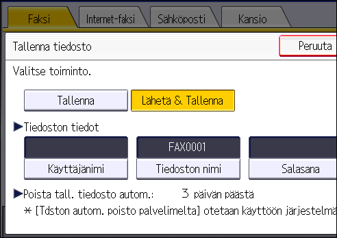 4. Faksaus 4. Määritä tarpeen mukaan käyttäjänimi, tiedoston nimi ja salasana. Käyttäjänimi Paina [Käyttäjänimi] ja valitse sitten käyttäjänimi.