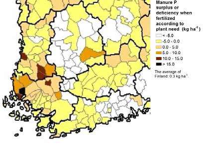 Lantafosforin yli- tai alijäämä Saaristomeren valuma-alueen ympäristössä (Ylivainio ym, 2014) Varsinais-Suomen alueella Vehmaa (>15 kg/ha), Taivassalo ja Oripää (10-15) Uusikaupunki, Laitila ja Koski