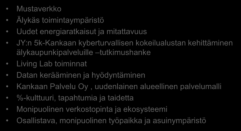 Kankaan luovat ratkaisut ja viisas toimintaympäristö Mustaverkko Älykäs toimintaympäristö Uudet energiaratkaisut ja mitattavuus JY:n 5k-Kankaan kyberturvallisen kokeilualustan kehittäminen