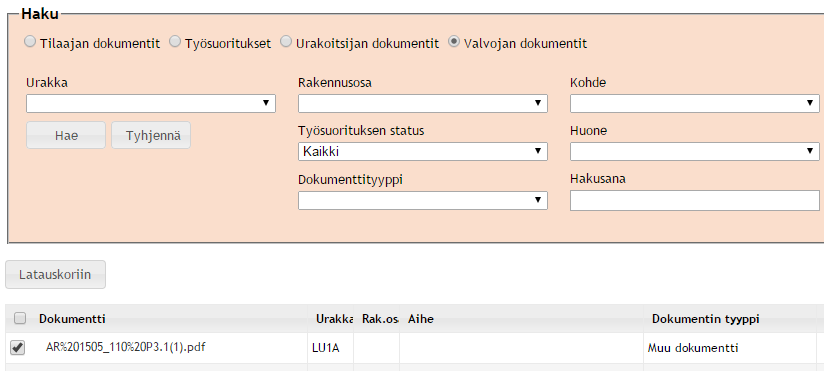 1.4. Haku Sähköinen huoltokirja tietoportaali Hakutoiminnoissa on käyttöoikeuksista riippuen valittavana Tilaajan, Valvojan ja Urakoitsijan dokumentit sekä Työsuoritukset ja Kirjasto: Hankkeessa