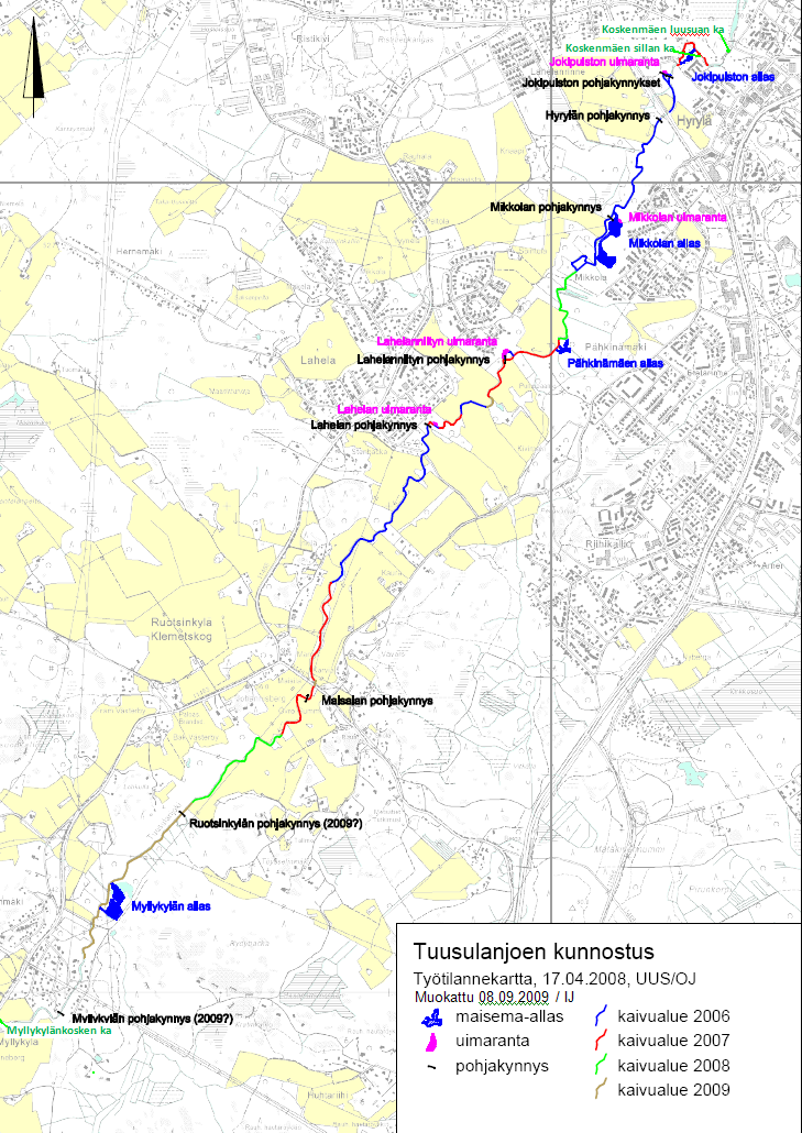 Liite 1. Tuusulanjoen kunnostusalueet.