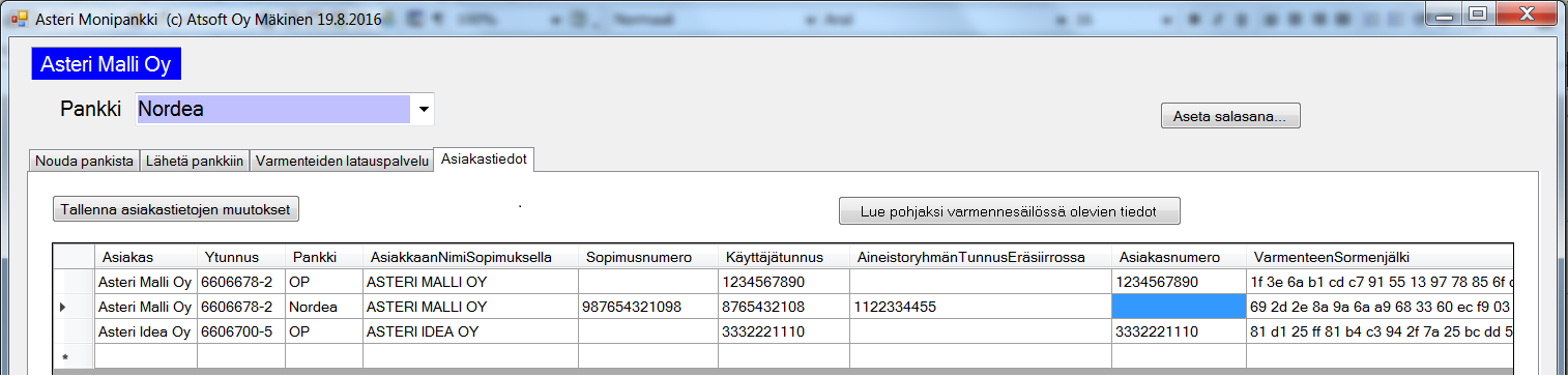 Asteri Monipankki KÄYTTÖOHJEET 23/41 5.3 YRITYSKOHTAISTEN VARMENTEIDEN ASETUS Kullakin hoitamallasi yrityksellä on kussakin käyttämässään pankissa yksi asiakasvarmenne.