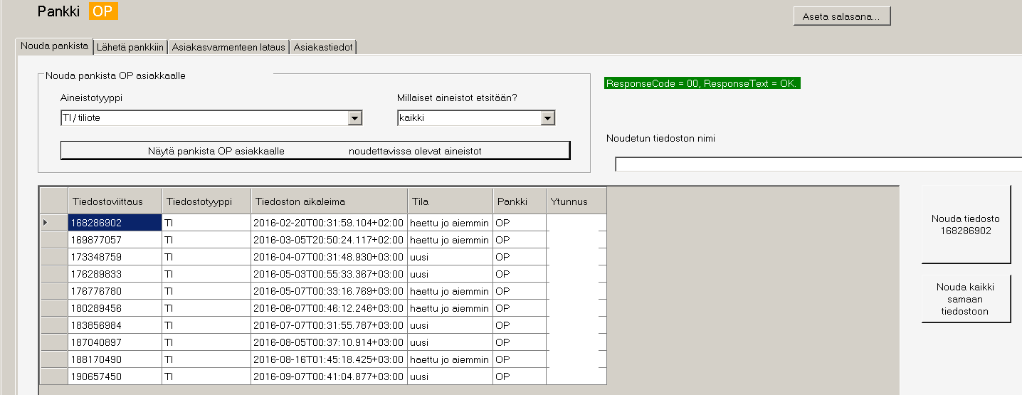 32/41 KÄYTTÖOHJEET Asteri Monipankki Valitse, haluatko nähdä vain uudet aineistot vai sellaiset, jotka on jo aiemmin noudettu vai kaikki.