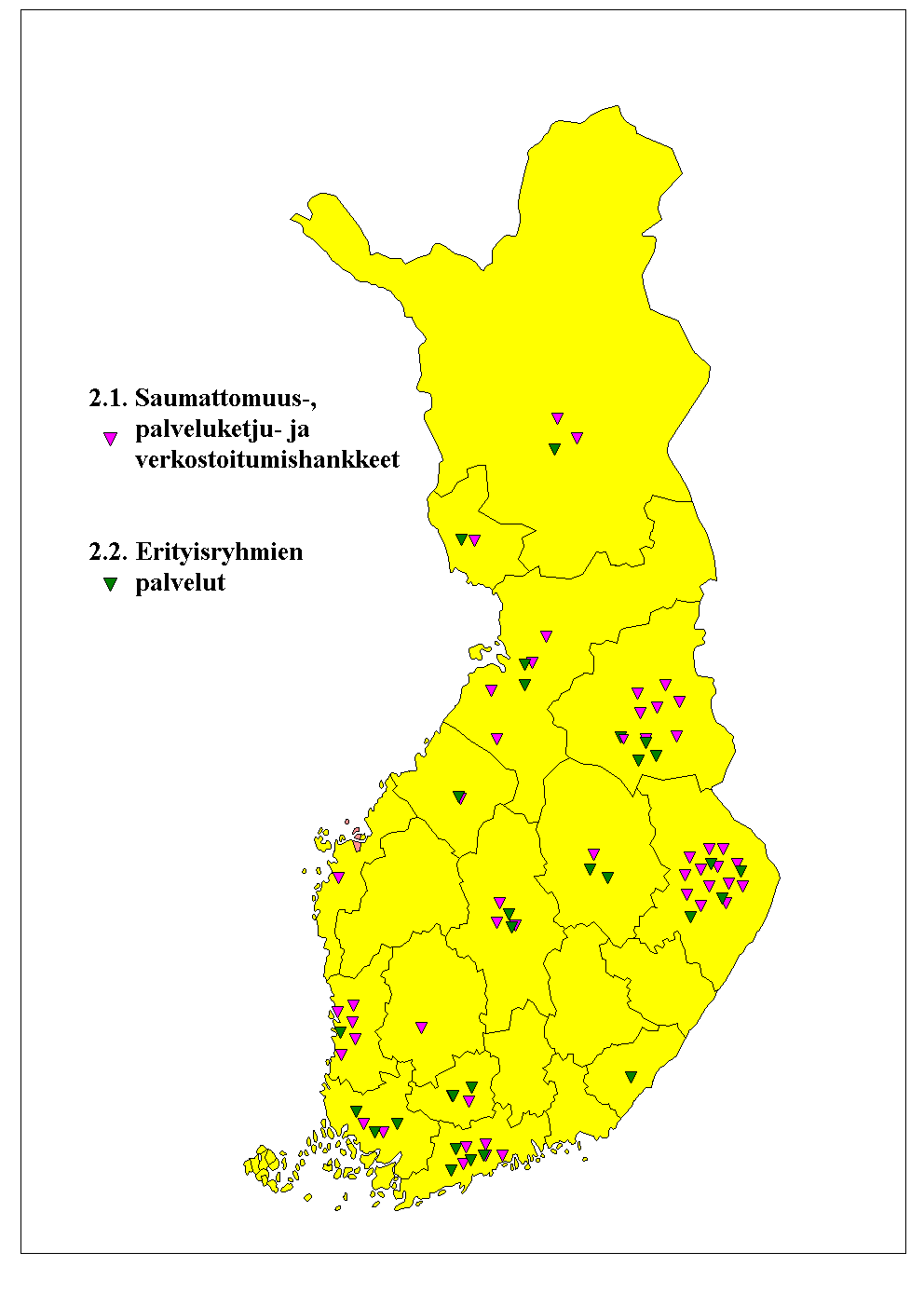 2 Palveluiden sisältö Kuva 7 Alueelliset palveluiden sisällön kehittämishankkeet Sosiaali- ja terveydenhuollon palveluiden sisällön kehittämiseen keskittyviä hankkeita löytyi Makropilotti-hankkeen