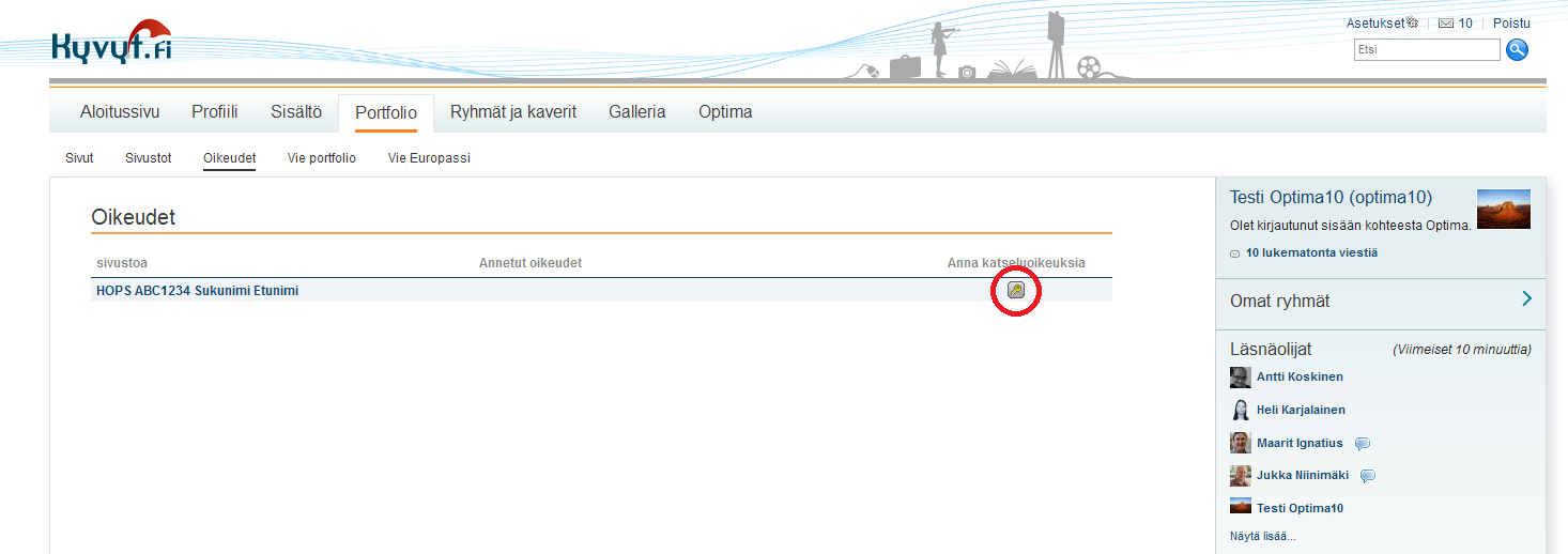 Kyvyt.fi-ohjeita / MR 22.12.2011 11(21) 5. Anna katseluoikeudet omalle opettajatutorillesi sivustoosi.