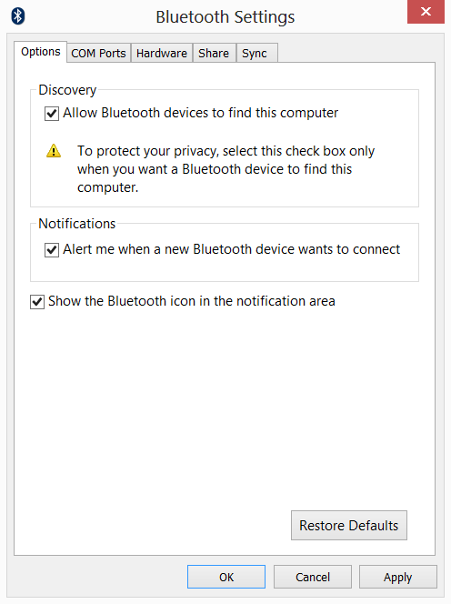 4. Valitse valintaruutu Salli Bluetooth-laitteiden löytää tämä tietokone, napsauta Käytä ja napsauta lopuksi OK.