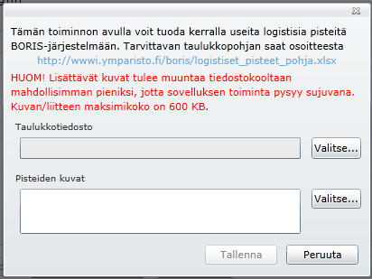 Ruudulle avautuu ikkuna, jonka linkistä saat avattua Excel-pohjan. Excel-taulukkopohja Valitse tallentamasi tekstitiedosto Kuva 4 Logostisten pisteiden tuonti Borikseen taulukolla.