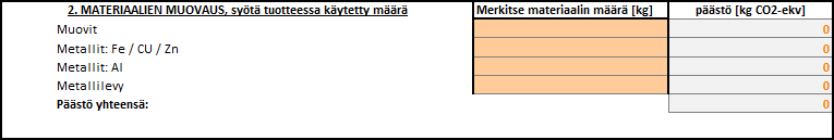 2. Materiaalien muokkaus Syötä määrät [kg] Autom. laskenta Kuva 3 Kuva 3 on esitetty osiot tietojenkeruun toisesta vaiheesta.