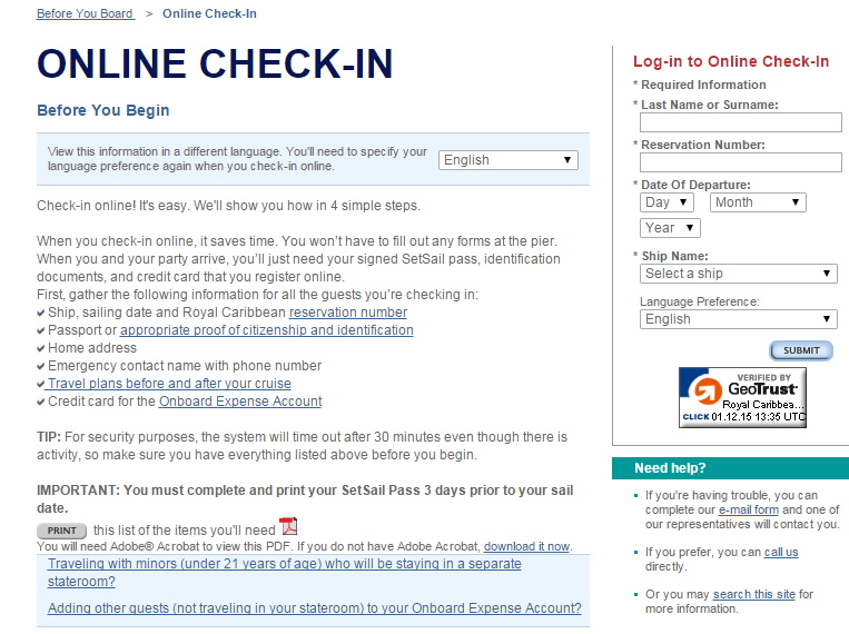 Lähtöselvitys Internetsivuiltamme www.royalcaribbean.fi online check-in.