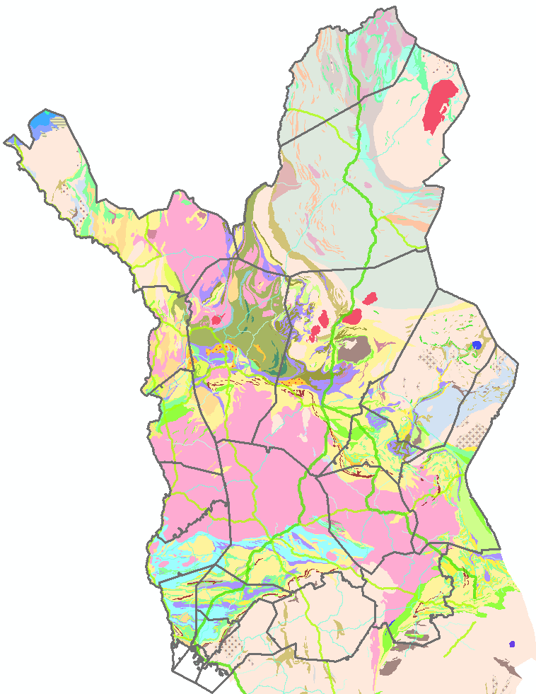 Lapin POSKI-hanke Vaihe 1 35 Eteläisen Lapin kallioperä (Kuva 9) voidaan jakaa karkeasti Pellon ja Ylitornion rajalta alkavaan ja noin 80 100 km pohjoisemmaksi ulottuvaan graniittivyöhykkeeseen