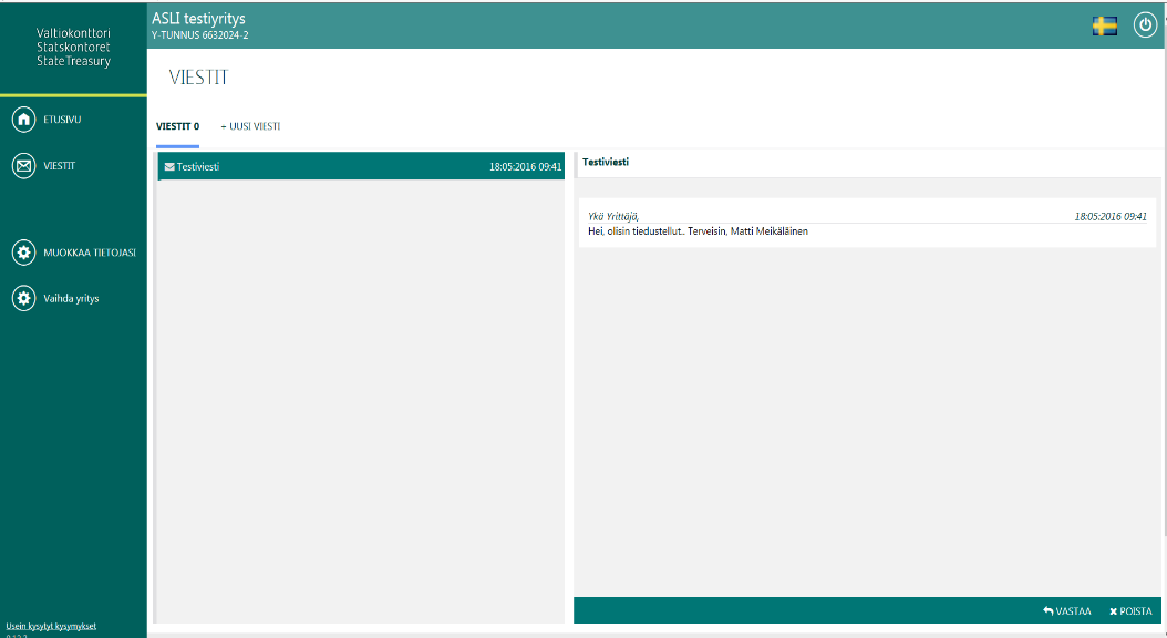Valtiokonttori 9 (9) 5 Viestien lähettäminen Viestit-toiminnon kautta voit viestiä kanssamme. Ylälaidan + Uusi viesti -kohdasta aloitat uuden viestin kirjoittamisen. Kuva 11.