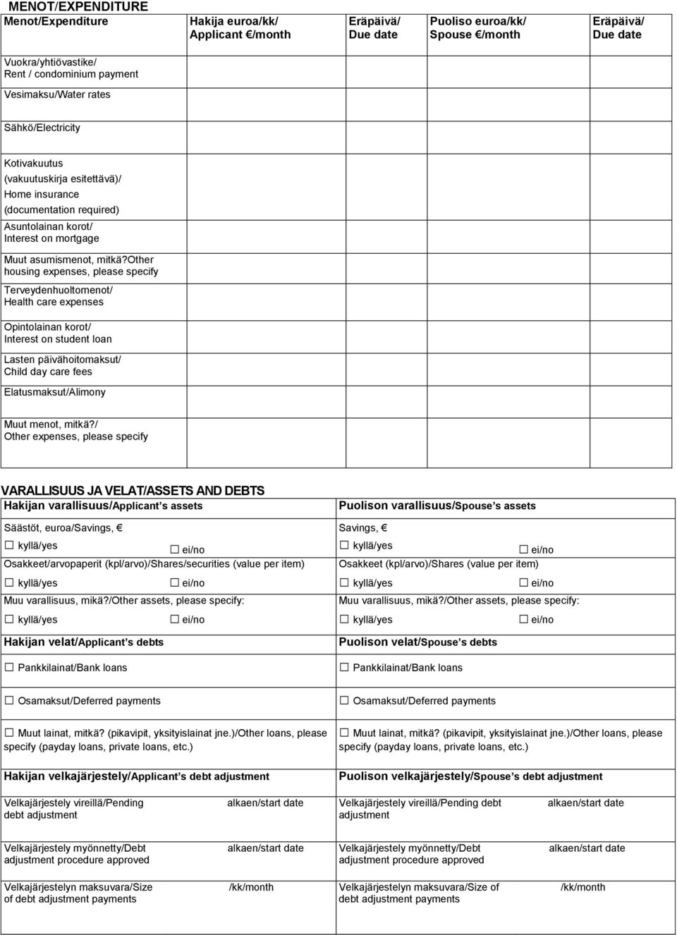 other housing expenses, please specify Terveydenhuoltomenot/ Health care expenses Opintolainan korot/ Interest on student loan Lasten päivähoitomaksut/ Child day care fees Elatusmaksut/Alimony Muut