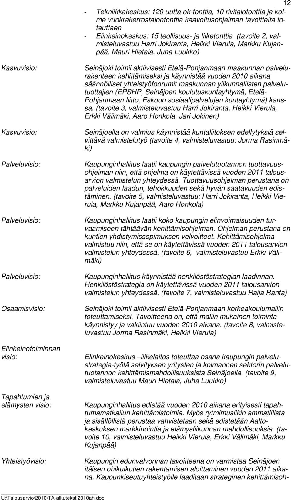 visio: Tapahtumien ja elämysten visio: Yhteistyövisio: Seinäjoki toimii aktiivisesti Etelä-Pohjanmaan maakunnan palvelurakenteen kehittämiseksi ja käynnistää vuoden 2010 aikana säännölliset