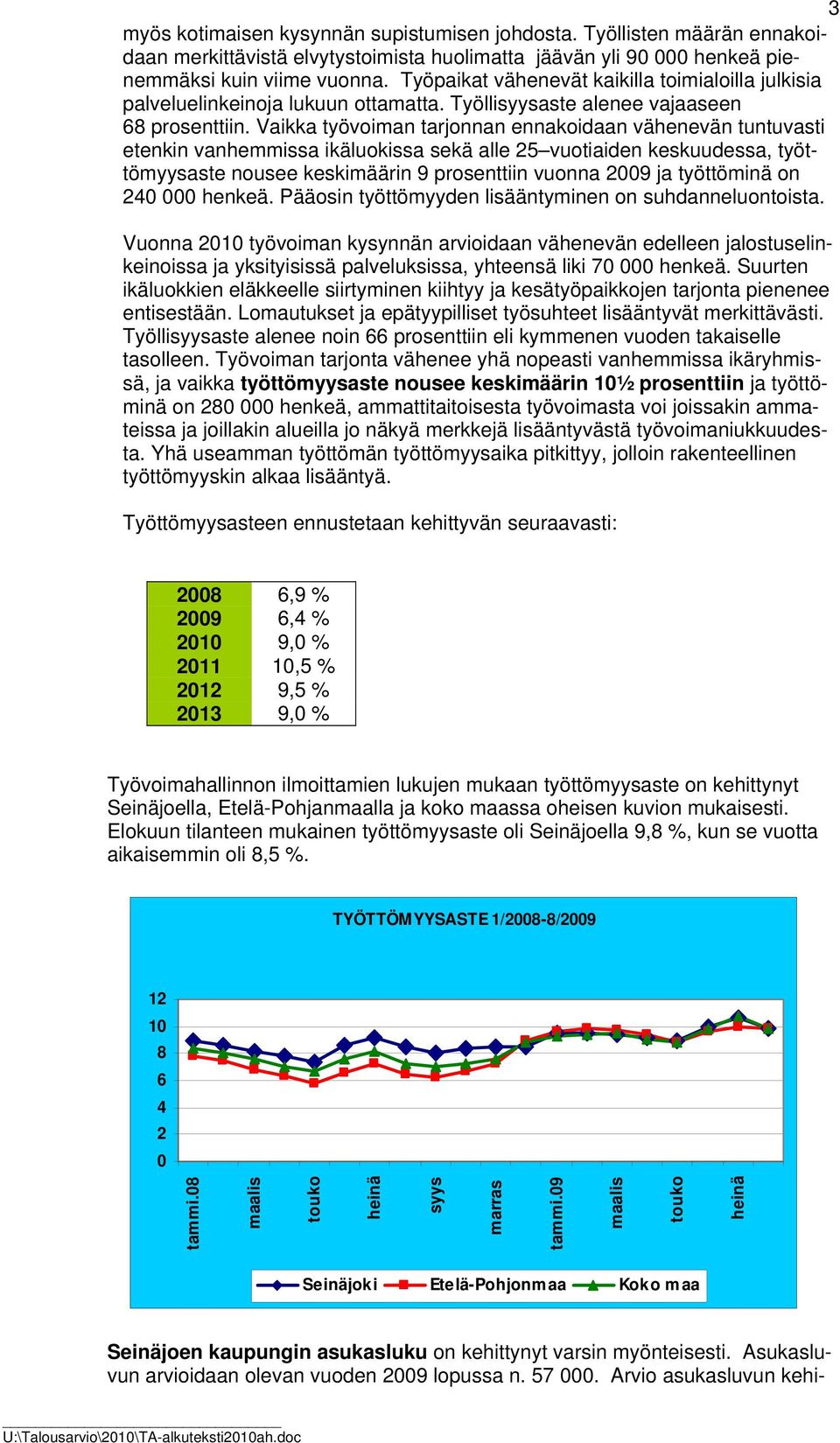 Vaikka työvoiman tarjonnan ennakoidaan vähenevän tuntuvasti etenkin vanhemmissa ikäluokissa sekä alle 25 vuotiaiden keskuudessa, työttömyysaste nousee keskimäärin 9 prosenttiin vuonna 2009 ja