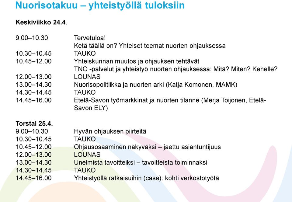 30 Nuorisopolitiikka ja nuorten arki (Katja Komonen, MAMK) 14.30 14.45 TAUKO 14.45 16.00 Etelä-Savon työmarkkinat ja nuorten tilanne (Merja Toijonen, Etelä- Savon ELY) Torstai 25.4. 9.00 10.