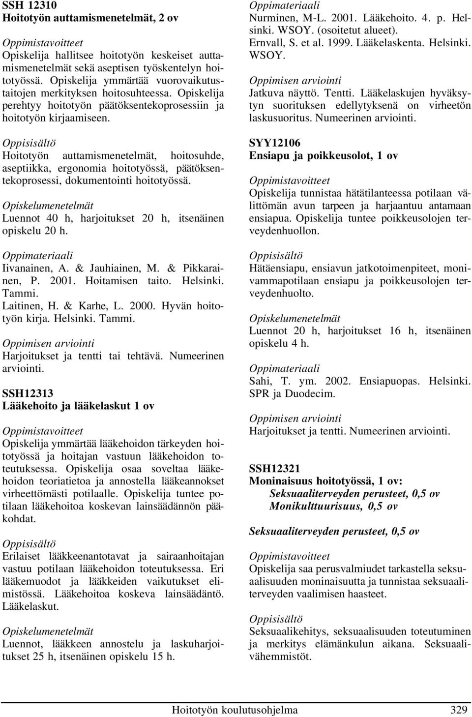 Hoitotyön auttamismenetelmät, hoitosuhde, aseptiikka, ergonomia hoitotyössä, päätöksentekoprosessi, dokumentointi hoitotyössä. Luennot 40 h, harjoitukset 20 h, itsenäinen opiskelu 20 h. Iivanainen, A.