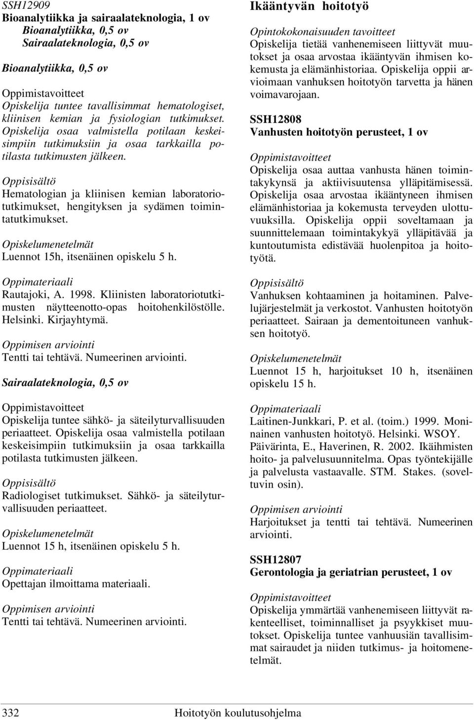 Hematologian ja kliinisen kemian laboratoriotutkimukset, hengityksen ja sydämen toimintatutkimukset. Luennot 15h, itsenäinen opiskelu 5 h. Rautajoki, A. 1998.