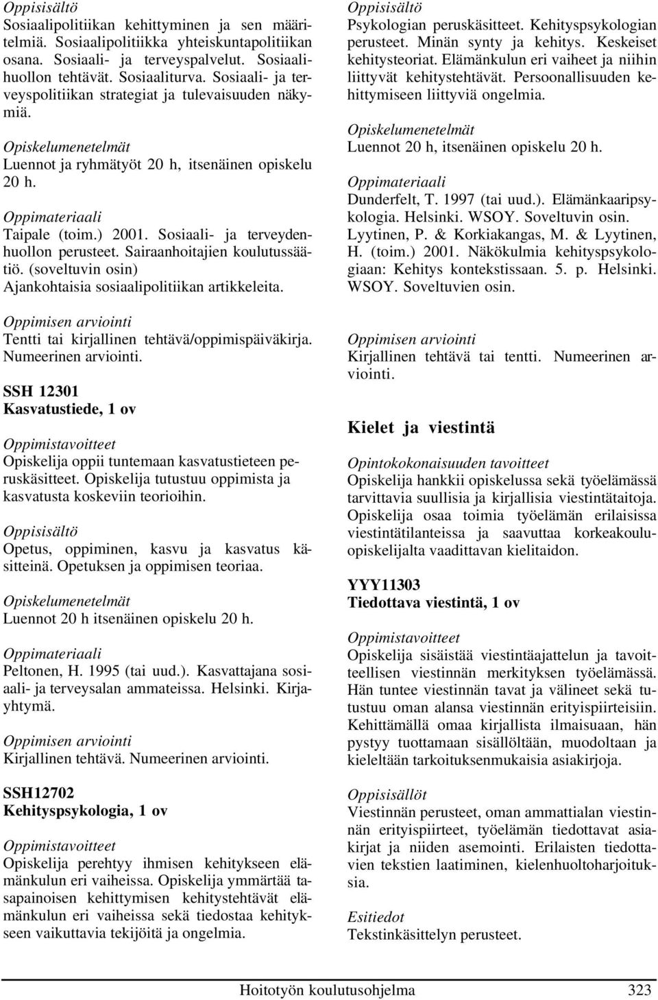 Sairaanhoitajien koulutussäätiö. (soveltuvin osin) Ajankohtaisia sosiaalipolitiikan artikkeleita. Tentti tai kirjallinen tehtävä/oppimispäiväkirja. Numeerinen arviointi.