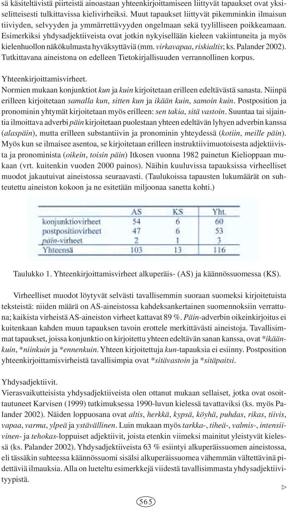 Esimerkiksi yhdysadjektiiveista ovat jotkin nykyisellään kieleen vakiintuneita ja myös kielenhuollon näkökulmasta hyväksyttäviä (mm. virkavapaa, riskialtis; ks. Palander 2002).