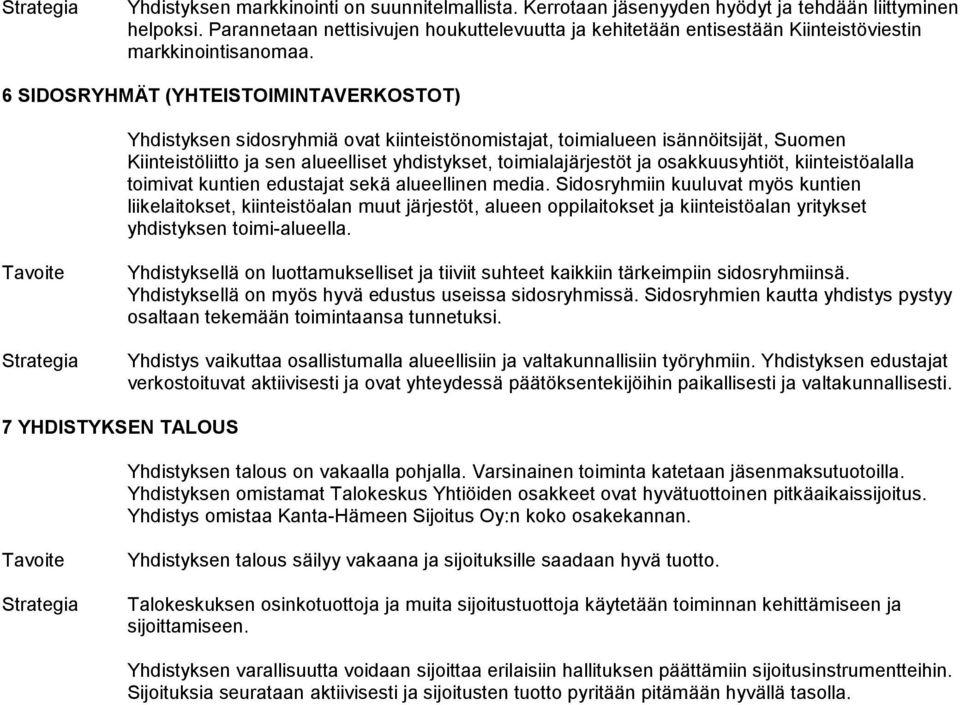 6 SIDOSRYHMÄT (YHTEISTOIMINTAVERKOSTOT) Yhdistyksen sidosryhmiä ovat kiinteistönomistajat, toimialueen isännöitsijät, Suomen Kiinteistöliitto ja sen alueelliset yhdistykset, toimialajärjestöt ja