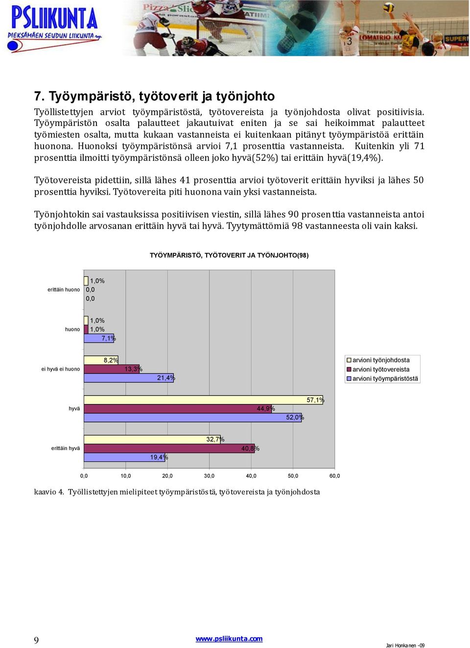 Huonoksi työympäristönsä arvioi 7,1 prosenttia vastanneista. Kuitenkin yli 71 prosenttia ilmoitti työympäristönsä olleen joko hyvä(52%) tai erittäin hyvä(19,4%).