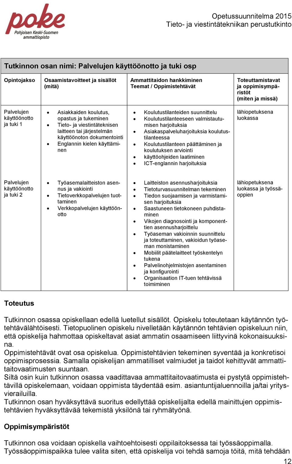 käyttäminen Koulutustilanteiden suunnittelu Koulutustilanteeseen valmistautumisen harjoituksia Asiakaspalveluharjoituksia koulutustilanteessa Koulutustilanteen päättäminen ja koulutuksen arviointi