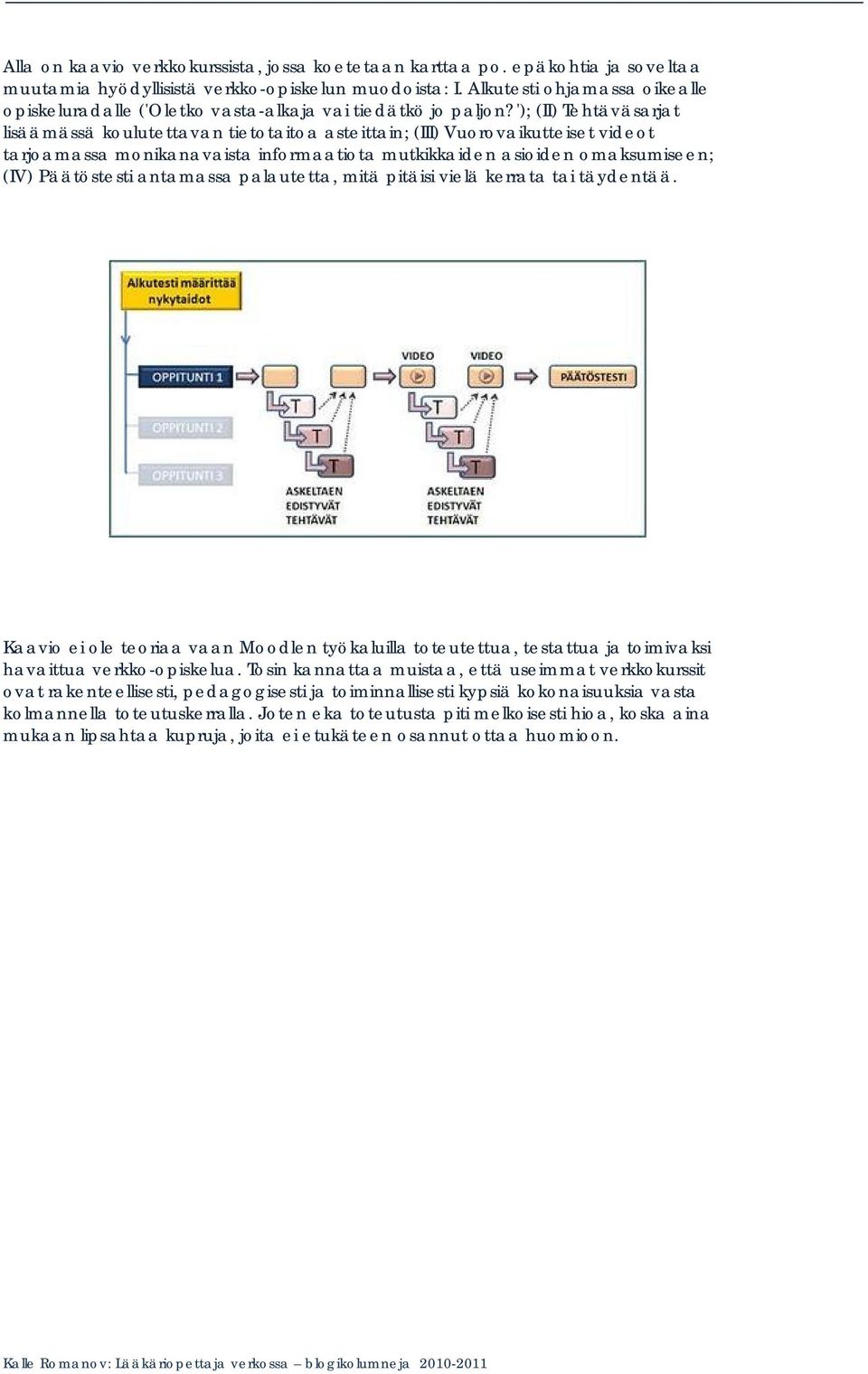 '); (II) Tehtäväsarjat lisäämässä koulutettavan tietotaitoa asteittain; (III) Vuorovaikutteiset videot tarjoamassa monikanavaista informaatiota mutkikkaiden asioiden omaksumiseen; (IV) Päätöstesti