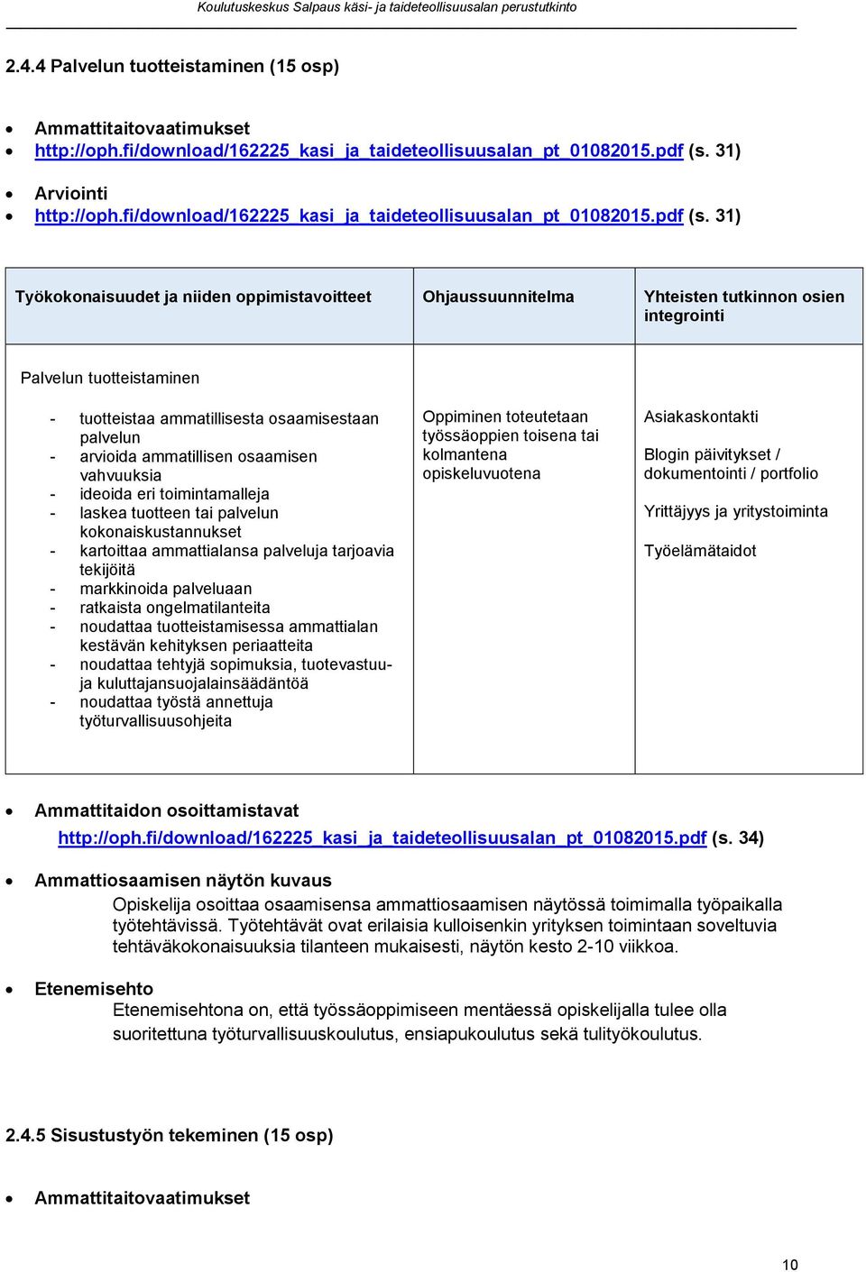 31) Työkokonaisuudet ja niiden oppimistavoitteet Yhteisten tutkinnon osien integrointi Palvelun tuotteistaminen - tuotteistaa ammatillisesta osaamisestaan palvelun - arvioida ammatillisen osaamisen