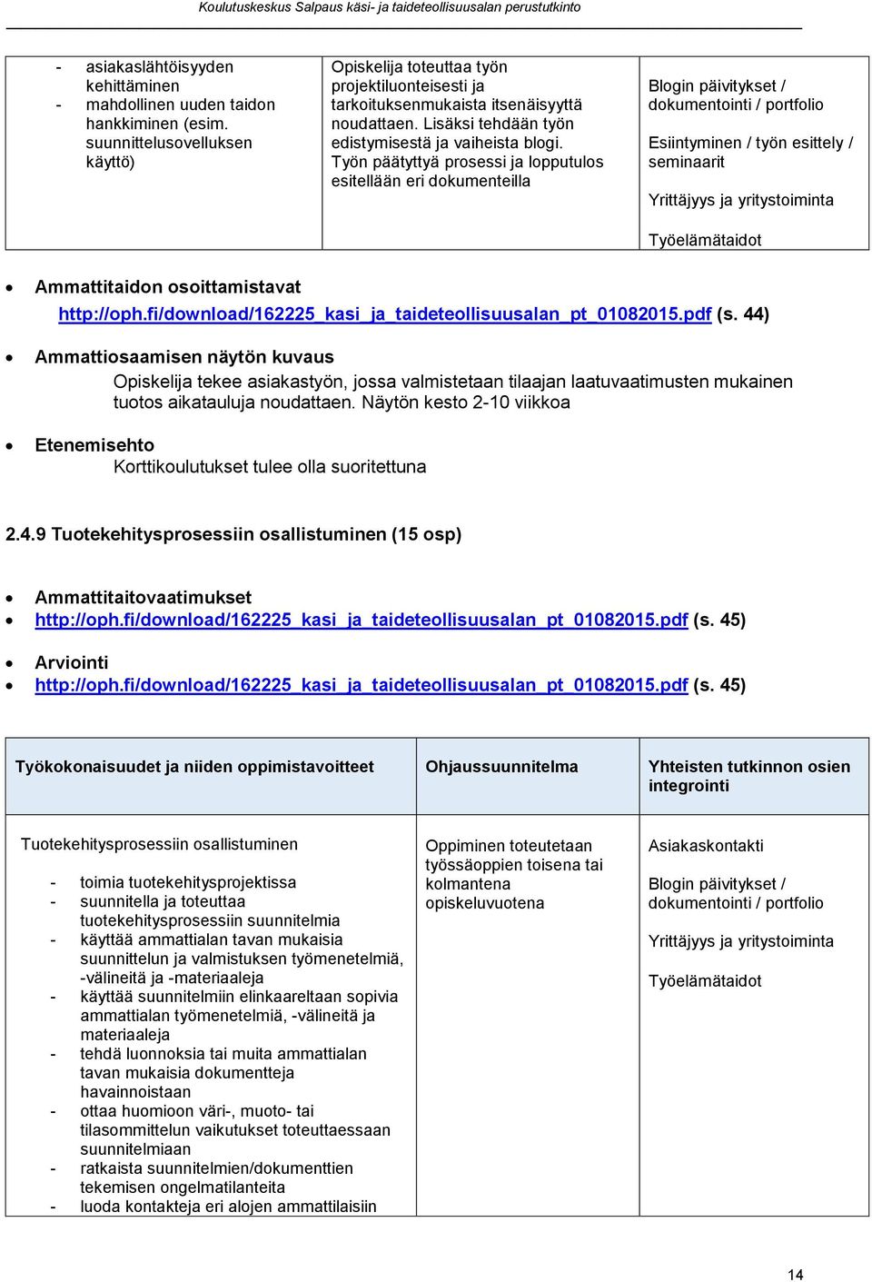 Työn päätyttyä prosessi ja lopputulos esitellään eri dokumenteilla Blogin päivitykset / dokumentointi / portfolio Esiintyminen / työn esittely / seminaarit Yrittäjyys ja yritystoiminta Työelämätaidot