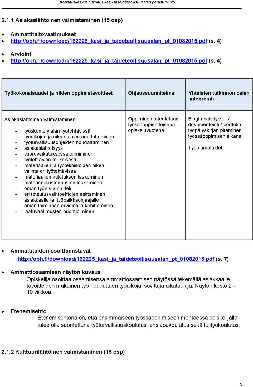 4) Työkokonaisuudet ja niiden oppimistavoitteet Yhteisten tutkinnon osien integrointi Asiakaslähtöinen valmistaminen - työskentely alan työtehtävissä - työaikojen ja aikataulujen noudattaminen -