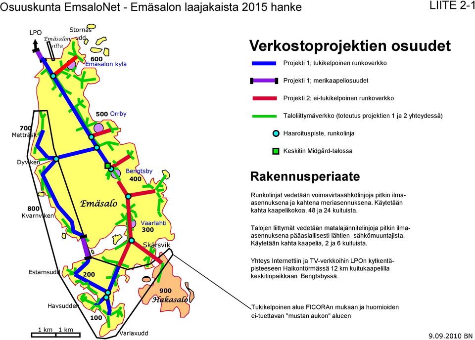 Vaarlahti 300 Skärsvik Runkolinjat vedetään voimavirtasähkölinjoja pitkin ilmaasennuksena ja kahtena meriasennuksena. Käytetään kahta kaapelikokoa, 48 ja 24 kuituista.