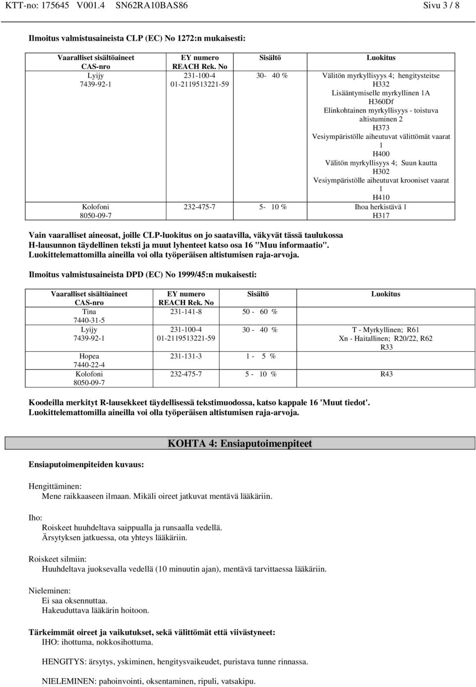 Vesiympäristölle aiheutuvat välittömät vaarat 1 H400 Välitön myrkyllisyys 4; Suun kautta H302 Vesiympäristölle aiheutuvat krooniset vaarat 1 H410 232-475-7 5-10 % Ihoa herkistävä 1 H317 Vain