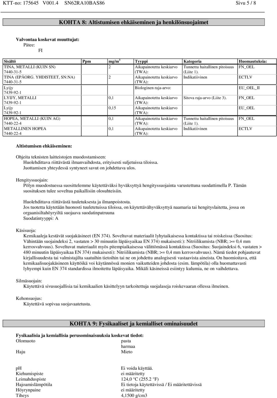 Aikapainotettu keskiarvo Tunnettu haitallinen pitoisuus FN_OEL 7440-31-5 (Liite 1). TINA (EPÄORG.