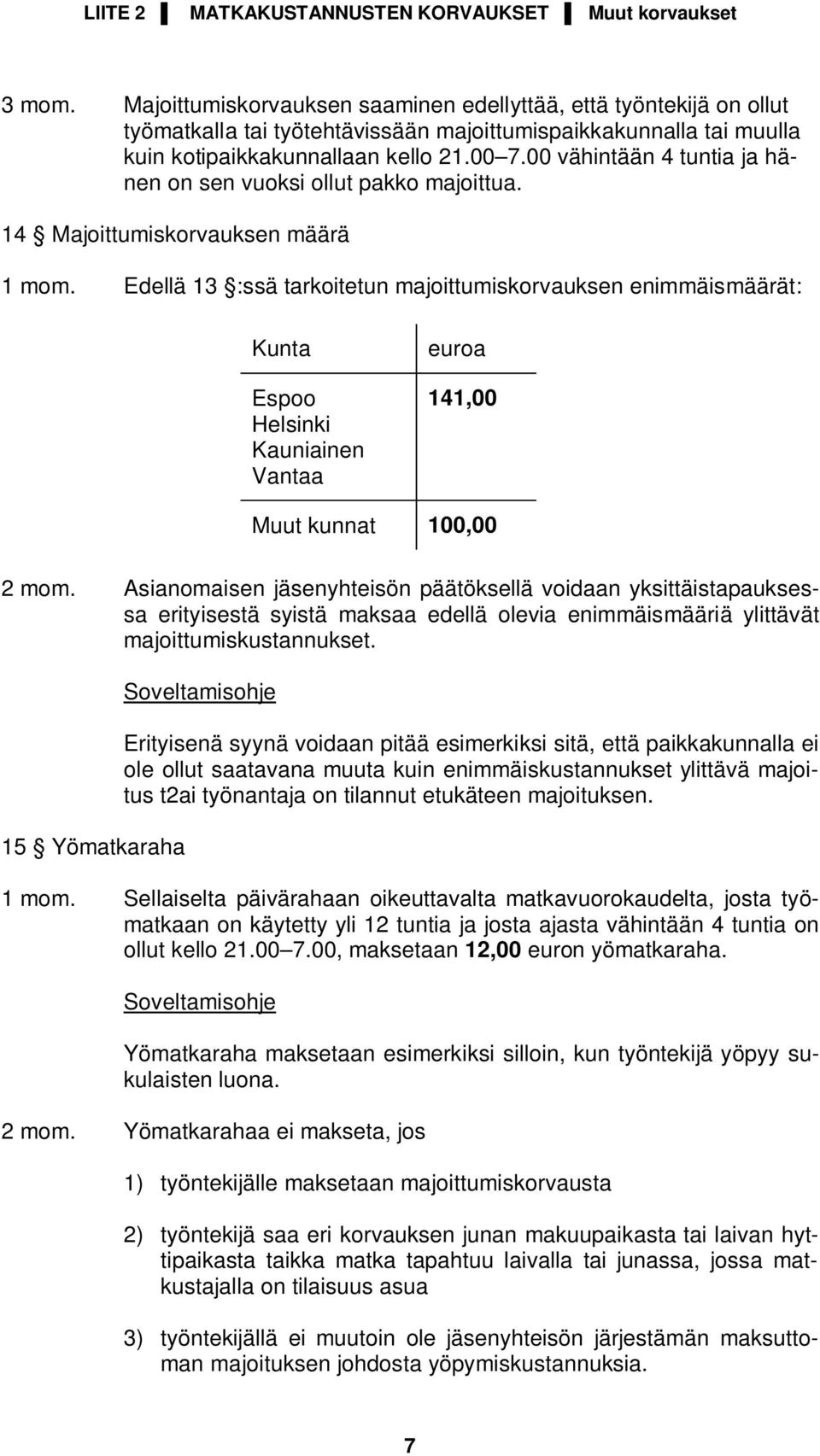 00 vähintään 4 tuntia ja hänen on sen vuoksi ollut pakko majoittua. 14 Majoittumiskorvauksen määrä 1 mom.