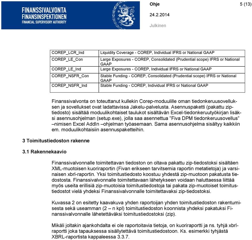 or National GAAP Finanssivalvonta on toteuttanut kullekin Corep-moduulille oman tiedonkeruusovelluksen ja sovellukset ovat ladattavissa Jakelu-palvelusta.