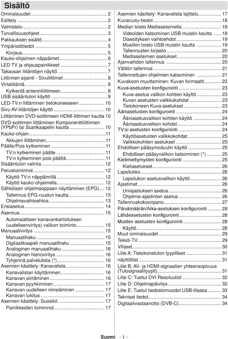 .. 10 Sivu AV-liitäntöjen käyttö... 10 Liittäminen DVD-soittimeen HDMI-liittimen kautta 10 DVD-soittimen liittäminen Komponenttiliittimien (YPbPr) tai Scartkaapelin kautta... 10 Kauko-ohjain.
