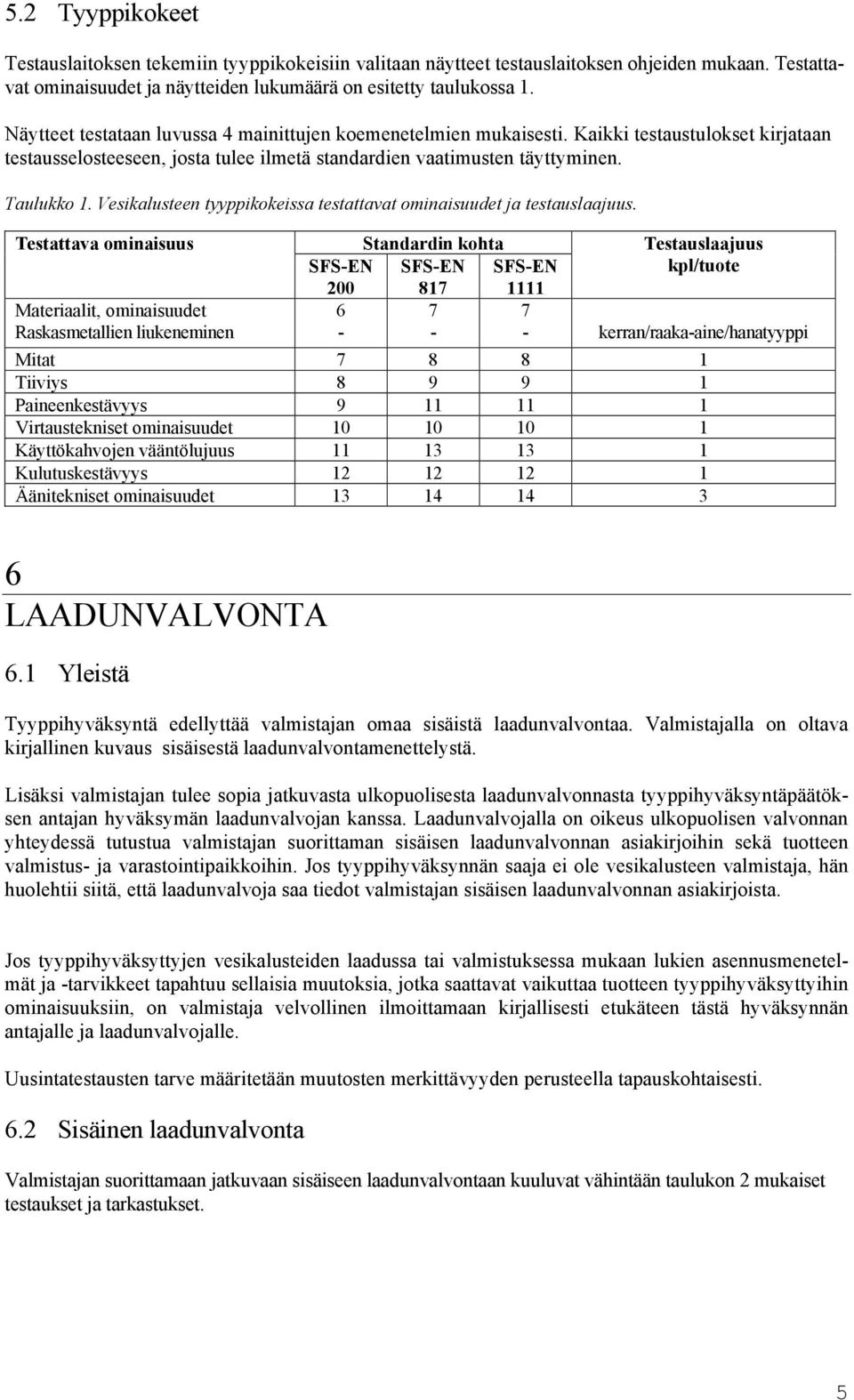 Vesikalusteen tyyppikokeissa testattavat ominaisuudet ja testauslaajuus.