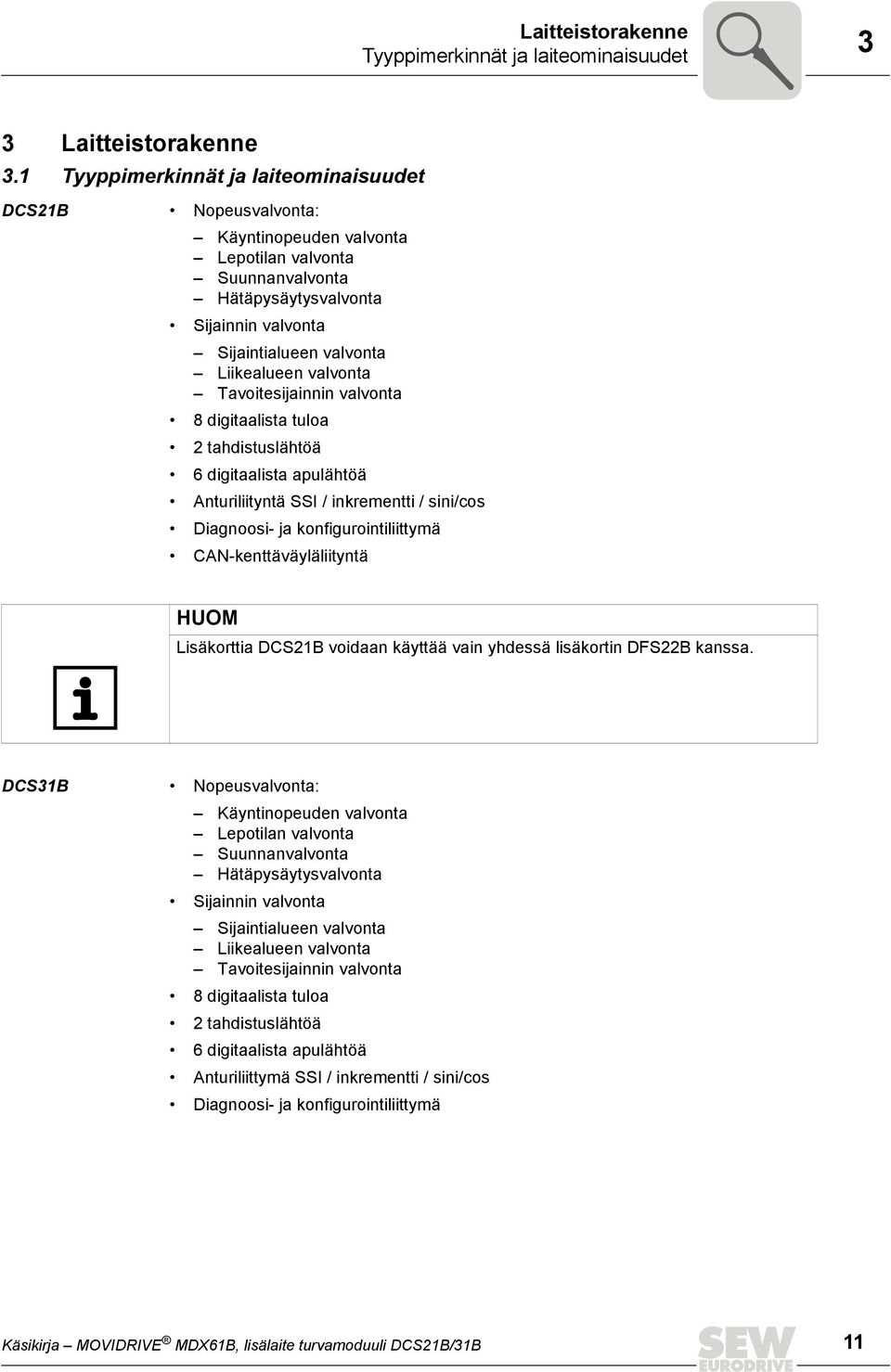 valvonta Tavoitesijainnin valvonta 8 digitaalista tuloa 2 tahdistuslähtöä 6 digitaalista apulähtöä Anturiliityntä SSI / inkrementti / sini/cos Diagnoosi- ja konfigurointiliittymä