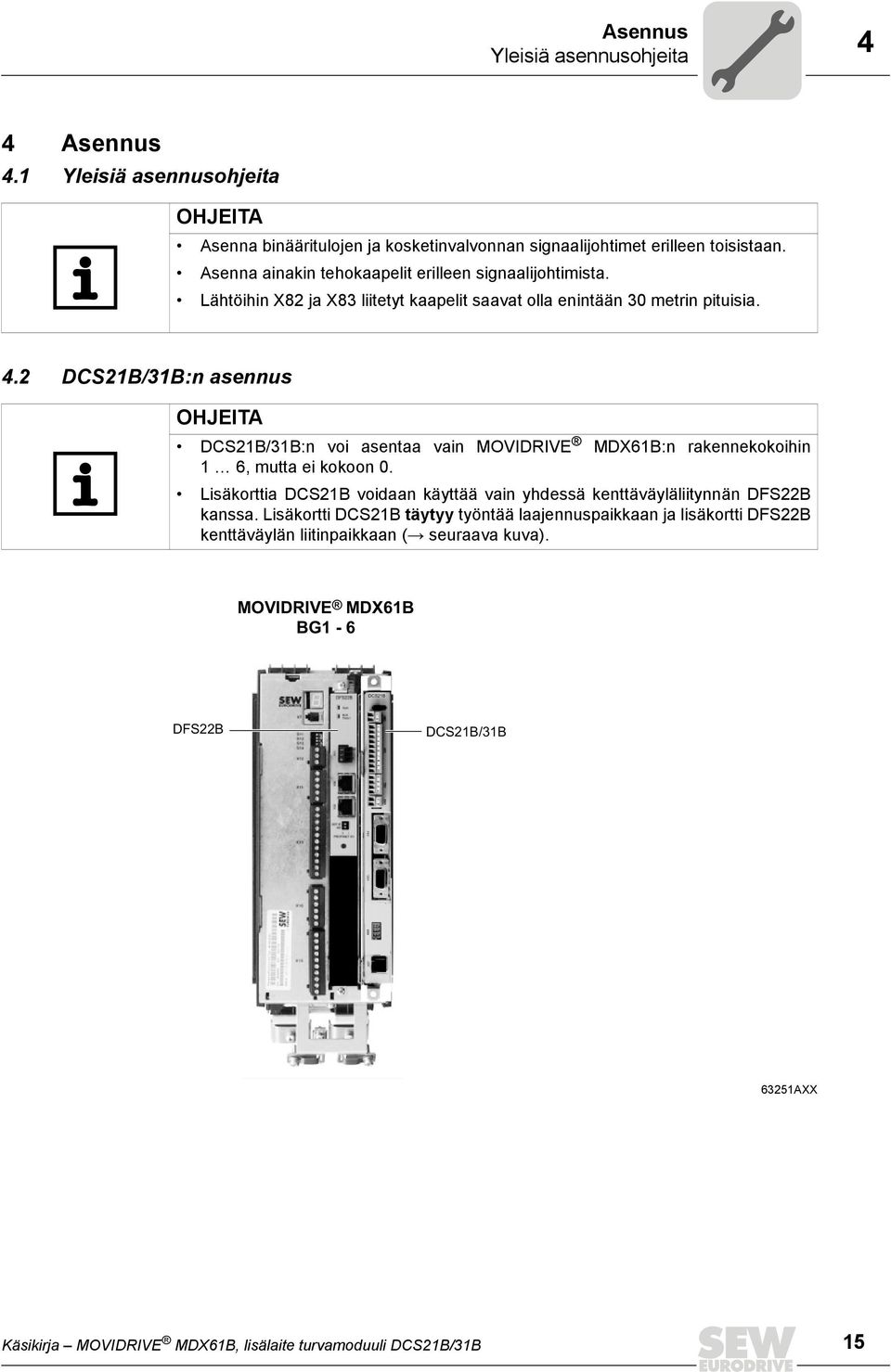 2 DCS21B/31B:n asennus OHJEITA DCS21B/31B:n voi asentaa vain MOVIDRIVE MDX61B:n rakennekokoihin 1 6, mutta ei kokoon 0.