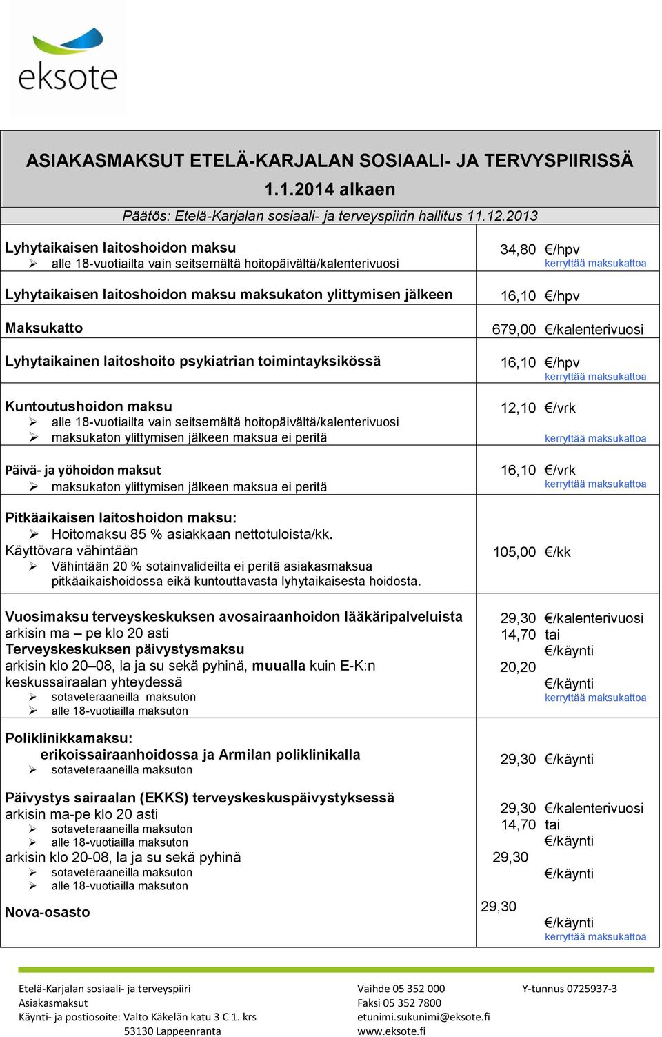 psykiatrian timintayksikössä Kuntutushidn maksu alle 18-vutiailta vain seitsemältä hitpäivältä/kalenterivusi maksukatn ylittymisen jälkeen maksua ei peritä Päivä- ja yöhidn maksut maksukatn