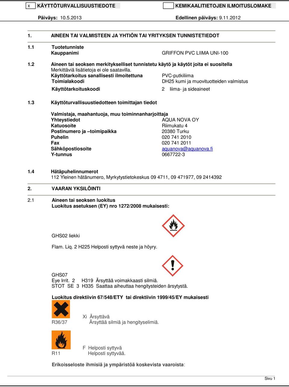 Käyttötarkoituskoodi 2 liima- ja sideaineet 1.