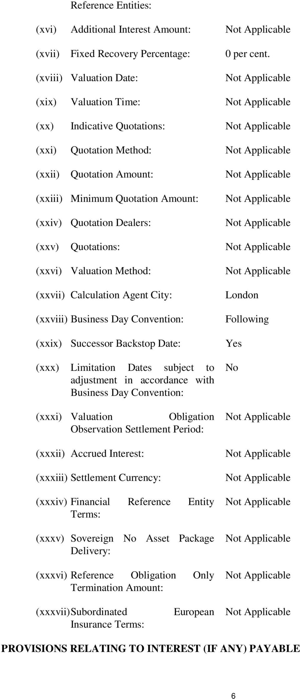 Quotations: (xxvi) Valuation Method: (xxvii) Calculation Agent City: (xxviii) Business Day Convention: (xxix) Successor Backstop Date: (xxx) Limitation Dates subject to adjustment in accordance with