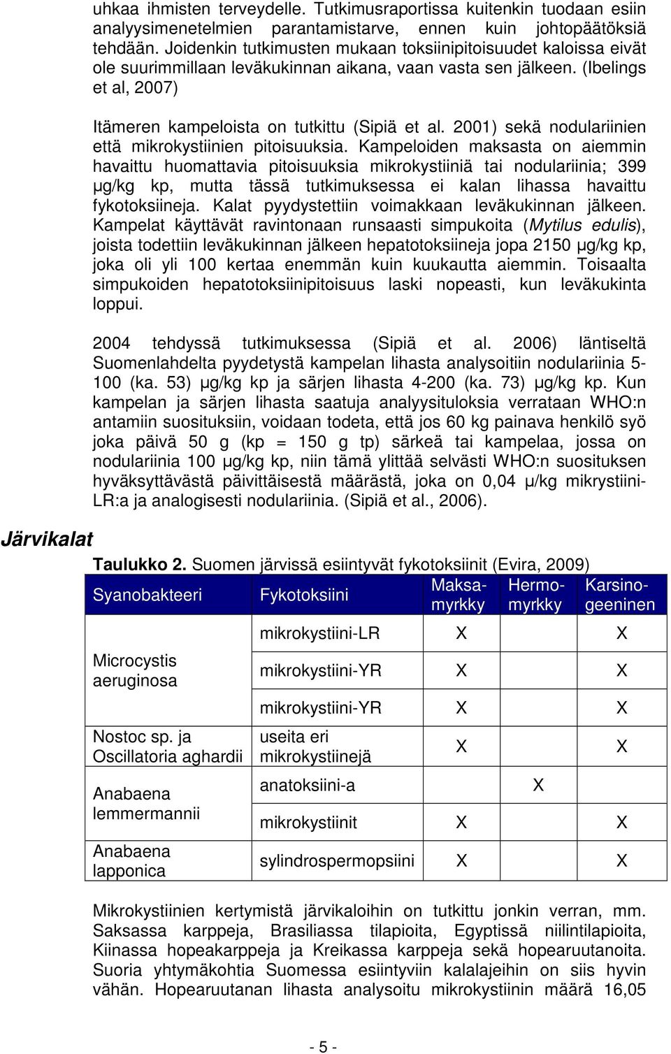 2001) sekä nodulariinien että mikrokystiinien pitoisuuksia.