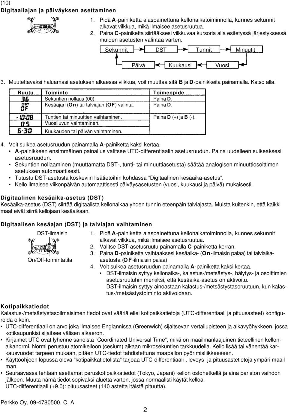 Muutettavaksi haluamasi asetuksen alkaessa vilkkua, voit muuttaa sitä B ja D-painikkeita painamalla. Katso alla. Ruutu Toiminto Toimenpide Sekuntien nollaus (00). Paina D.