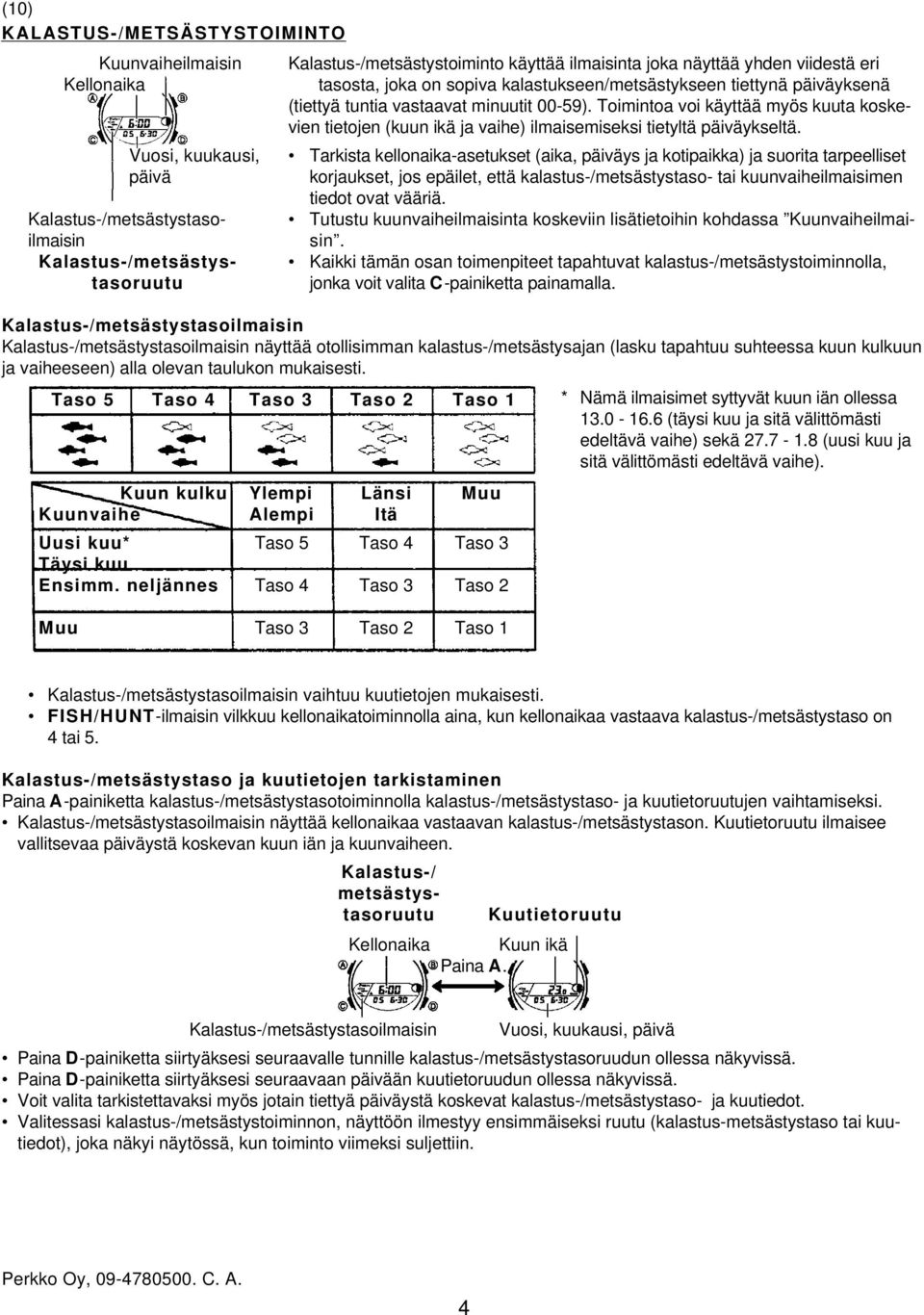 Vuosi, kuukausi, Tarkista kellonaika-asetukset (aika, päiväys ja kotipaikka) ja suorita tarpeelliset päivä korjaukset, jos epäilet, että kalastus-/metsästystaso- tai kuunvaiheilmaisimen tiedot ovat