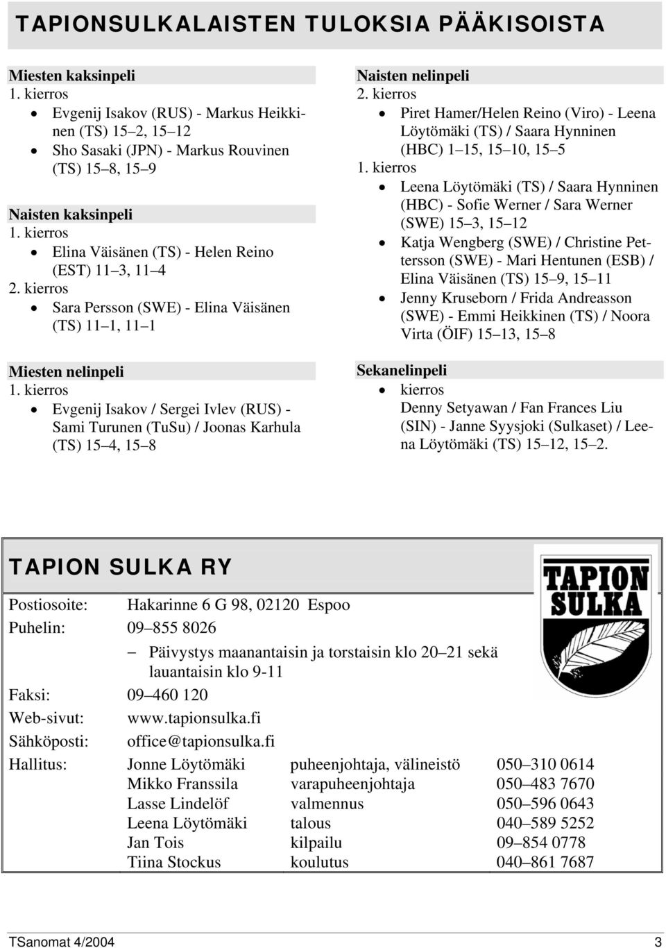 kierros Evgenij Isakov / Sergei Ivlev (RUS) - Sami Turunen (TuSu) / Joonas Karhula (TS) 5 4, 5 8 Naisten nelinpeli 2.