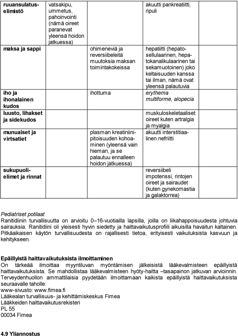 jatkuessa) akuutti pankreatiitti, ripuli hepatiitti (hepatosellulaarinen, hepatokanalikulaarinen tai sekamuotoinen) joko keltaisuuden kanssa tai ilman, nämä ovat yleensä palautuvia erythema